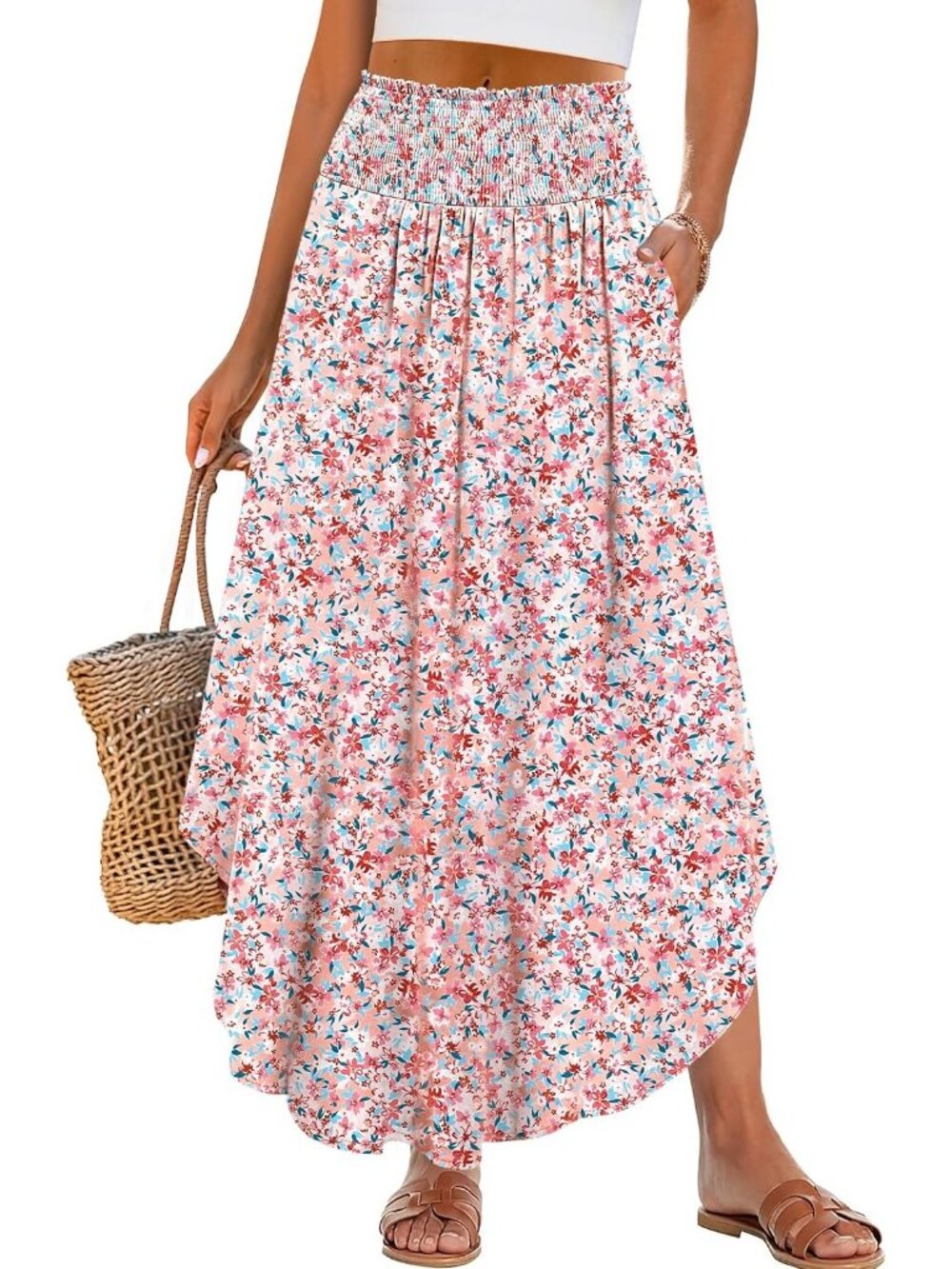Women's Pink Boho Floral High Waisted Smocked Flowy Pocket Maxi Skirt
